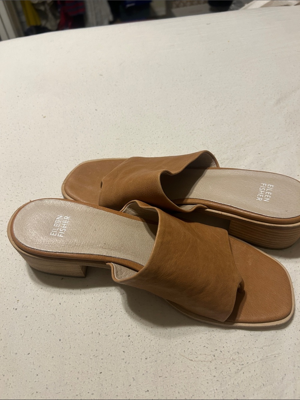 Eileen Fisher Cognac Leather Slip-On Mules